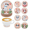 A set of DIY diamond art coasters featuring various animal designs like dogs and bears on a light pink background.