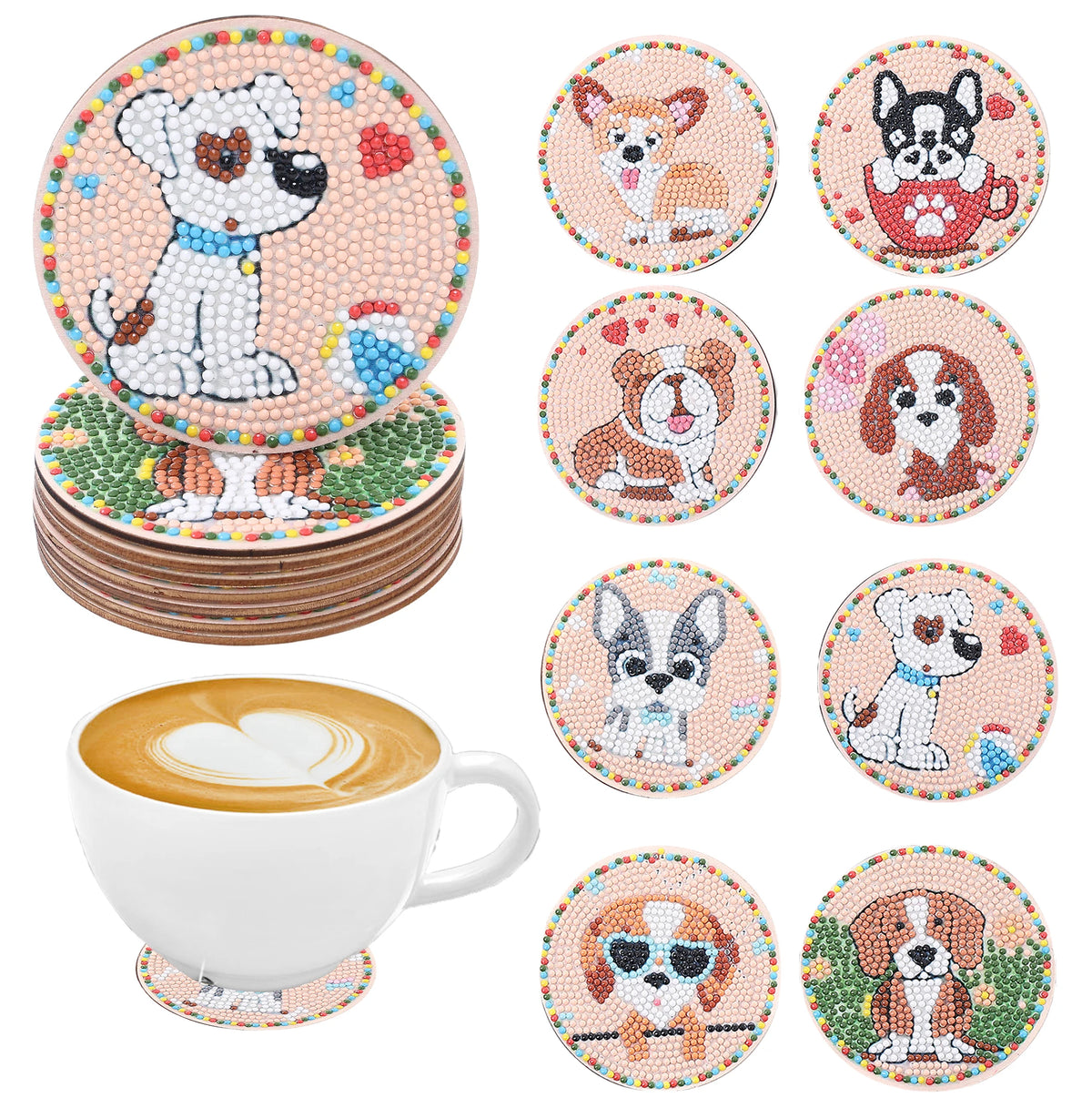 A set of DIY diamond art coasters featuring various animal designs like dogs and bears on a light pink background.