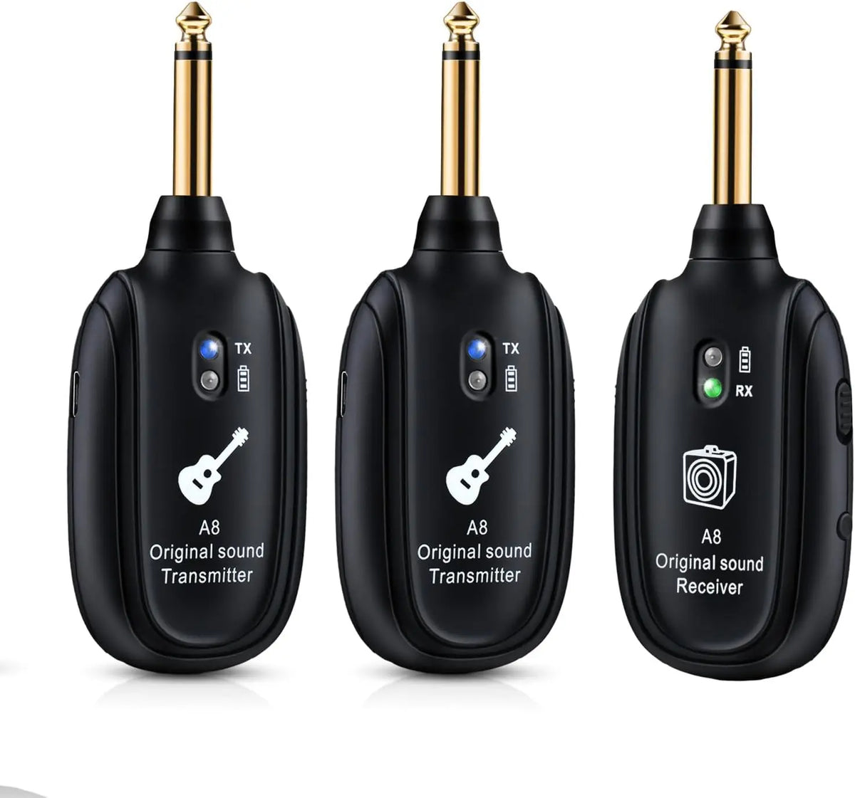 A set of black A8 wireless guitar sound transmitter and receiver units with gold connectors.