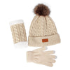 A beige knit winter hat, scarf, and gloves set with a faux fur pom.
