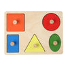 A wooden puzzle board with colored shapes including a square, rectangle, triangle, and circle for sorting.