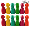 A set of twelve wooden game pawns in six bright colors: red, yellow, green, and orange.