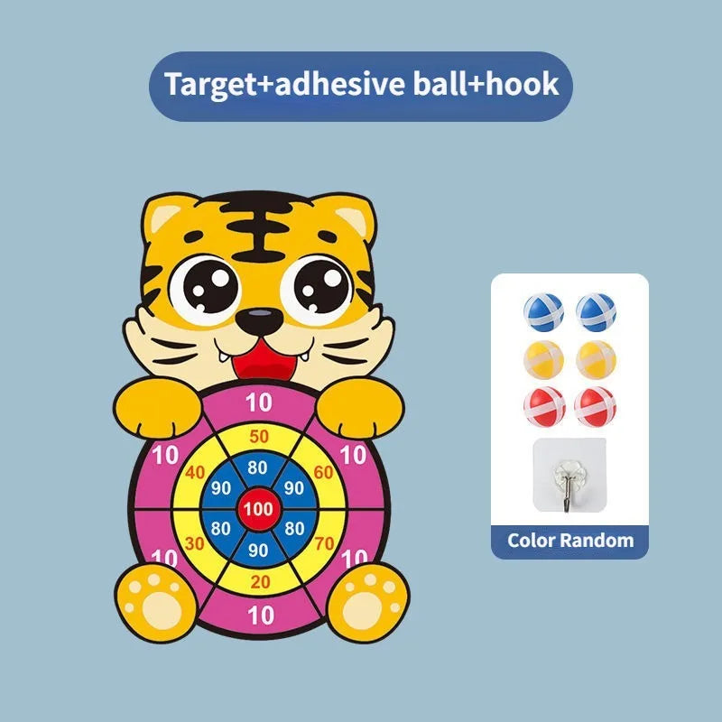 A large cloth dart board set with sticky balls and a hook for a game.
