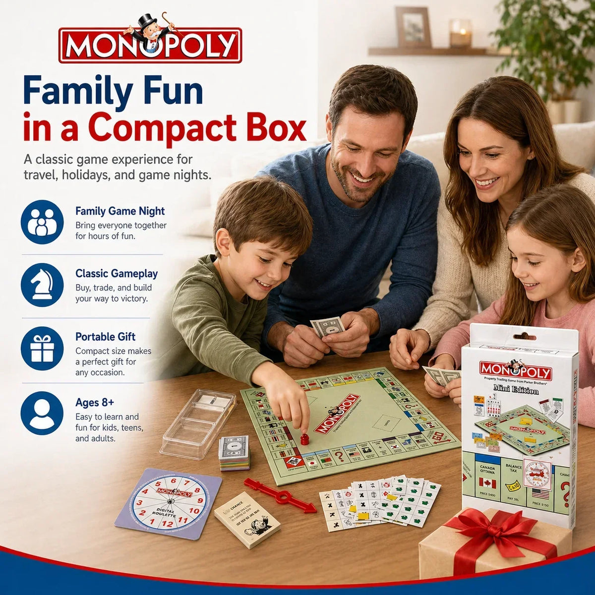 A family playing Monopoly board game with a box and various game components on a wooden table.
