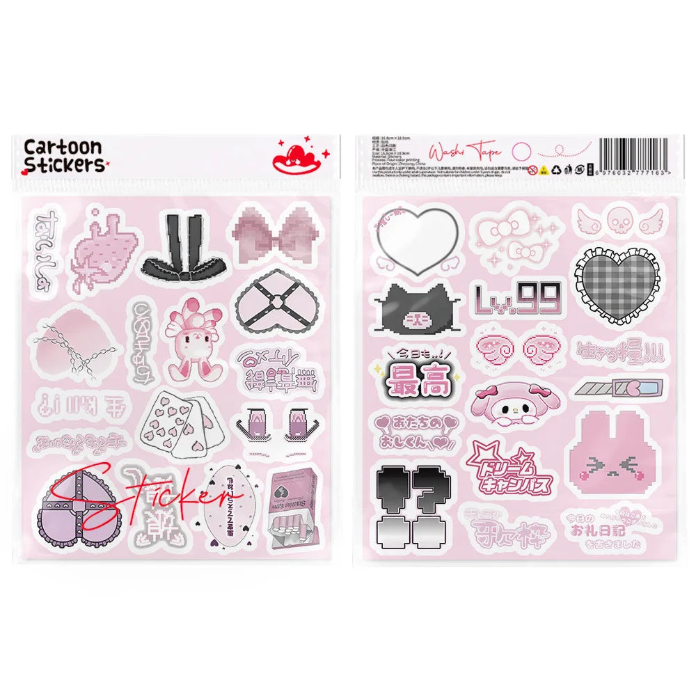 A sheet of retro Japanese sticker pack featuring various cute and aesthetic decals for laptops, phones, and scrapbooking.