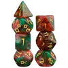 A set of seven premium glitter polyhedral dice in various colors and shapes for tabletop role-playing games
