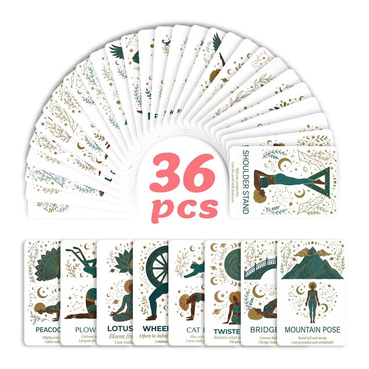 A deck of 36 yoga pose affirmation cards featuring various poses and nature elements.