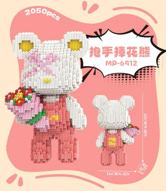 A pink brick art bear figure holding a bouquet of colorful flowers, displayed against a light background.