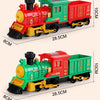 A red and green Christmas steam train toy featuring a locomotive with a large shovel and a cargo car.