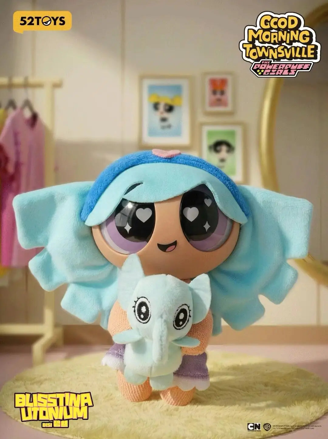 A plush collectible figure of Blossom from The Powerpuff Girls, featuring light blue hair and a small white animal accessory.