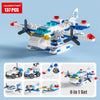 A 6 in 1 set of LEGO building blocks depicting a police helicopter and SWAT carrier vehicle.