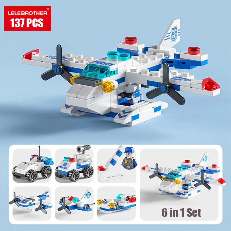 A 6 in 1 set of LEGO building blocks depicting a police helicopter and SWAT carrier vehicle.