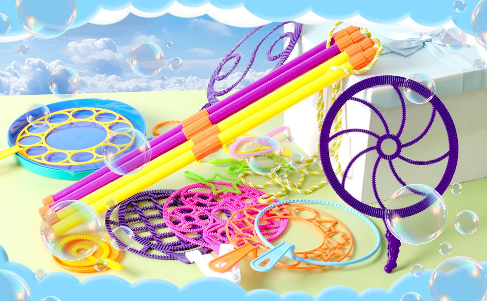 A colorful kit of giant bubble wands and accessories with trays for outdoor fun