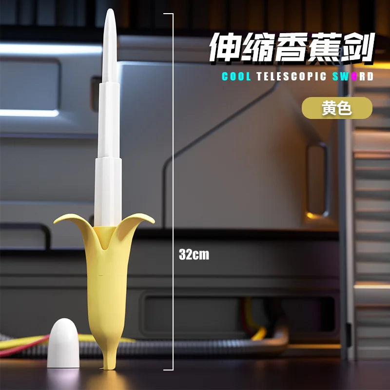 A white telescoping sword with a yellow handle is shown against a dark background.