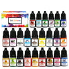 A set of vibrant candle dye pigments in various colors packaged in glass bottles and displayed next to a box.