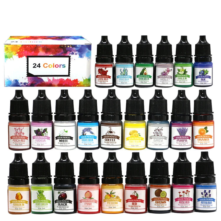 A set of vibrant candle dye pigments in various colors packaged in glass bottles and displayed next to a box.