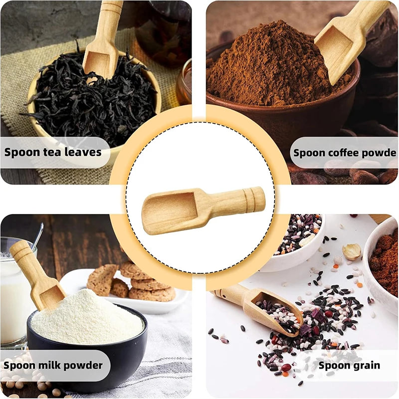A set of three natural wooden scoop spoons showing various powdered ingredients like tea leaves, coffee powder, milk powder, 