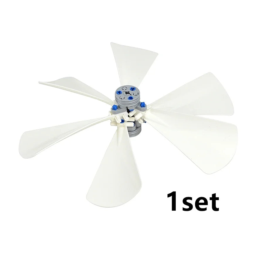 A white power functions motor and servo set with four blades for building blocks.