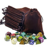 A dark brown drawstring bag filled with various colored and numbered dice for tabletop games