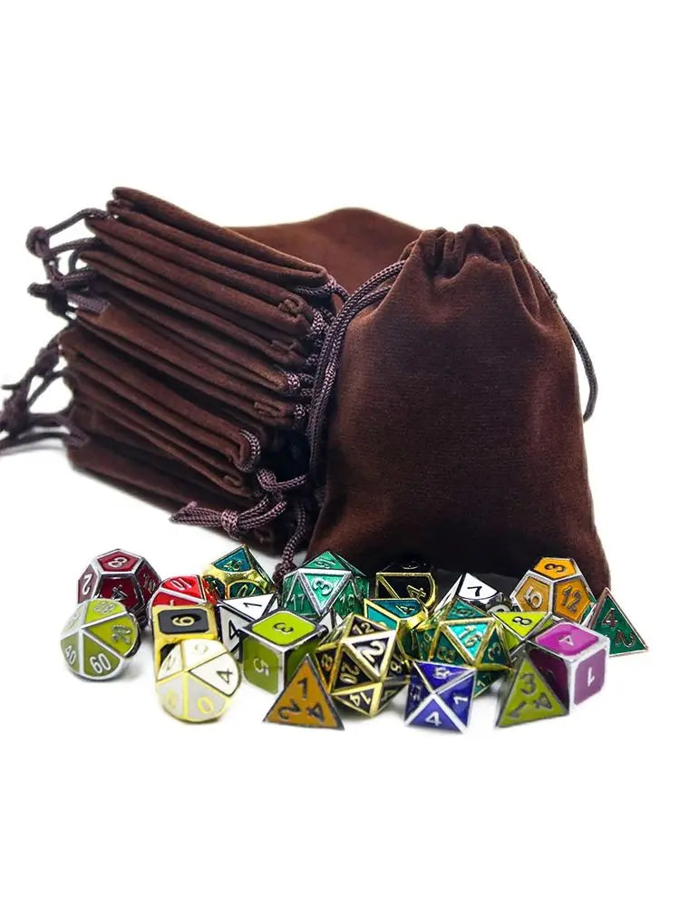 A dark brown drawstring bag filled with various colored and numbered dice for tabletop games