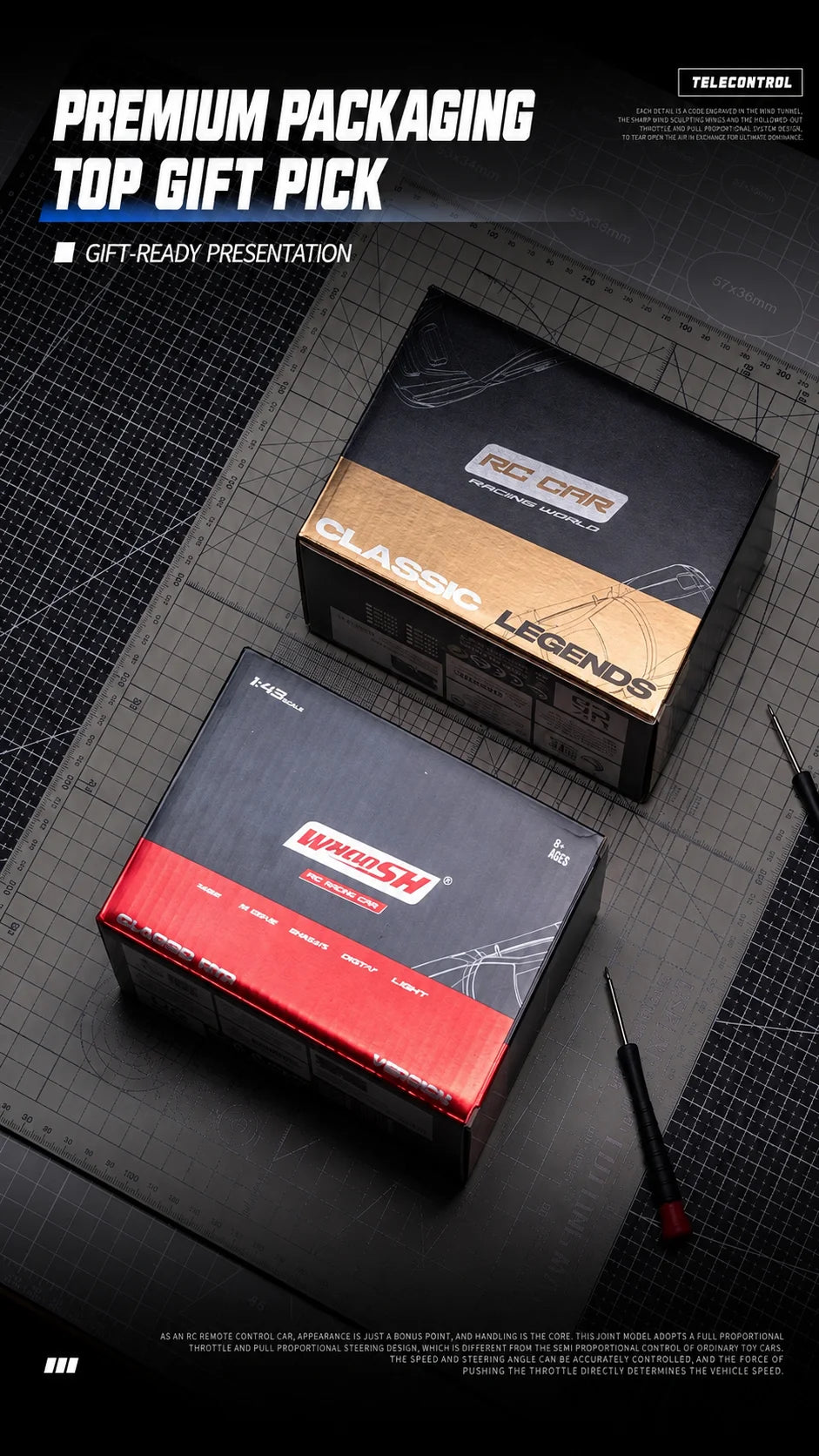 A black RC car box is shown on a technical drawing background, highlighting the premium packaging for a 1:43 scale drift car.