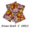 A set of ten colorful prank fart bags with funny labels and designs.