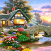 A picturesque forest house with a stone bridge over a stream surrounded by colorful flowers at sunset.