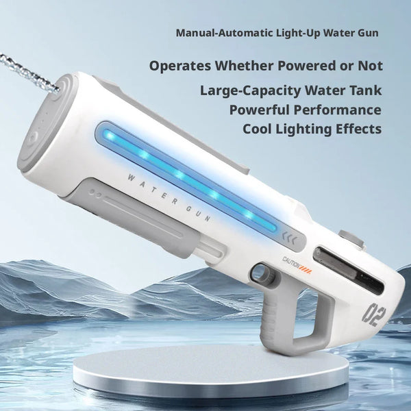 A white manual-automatic light-up water gun is shown angled against a blue water background.