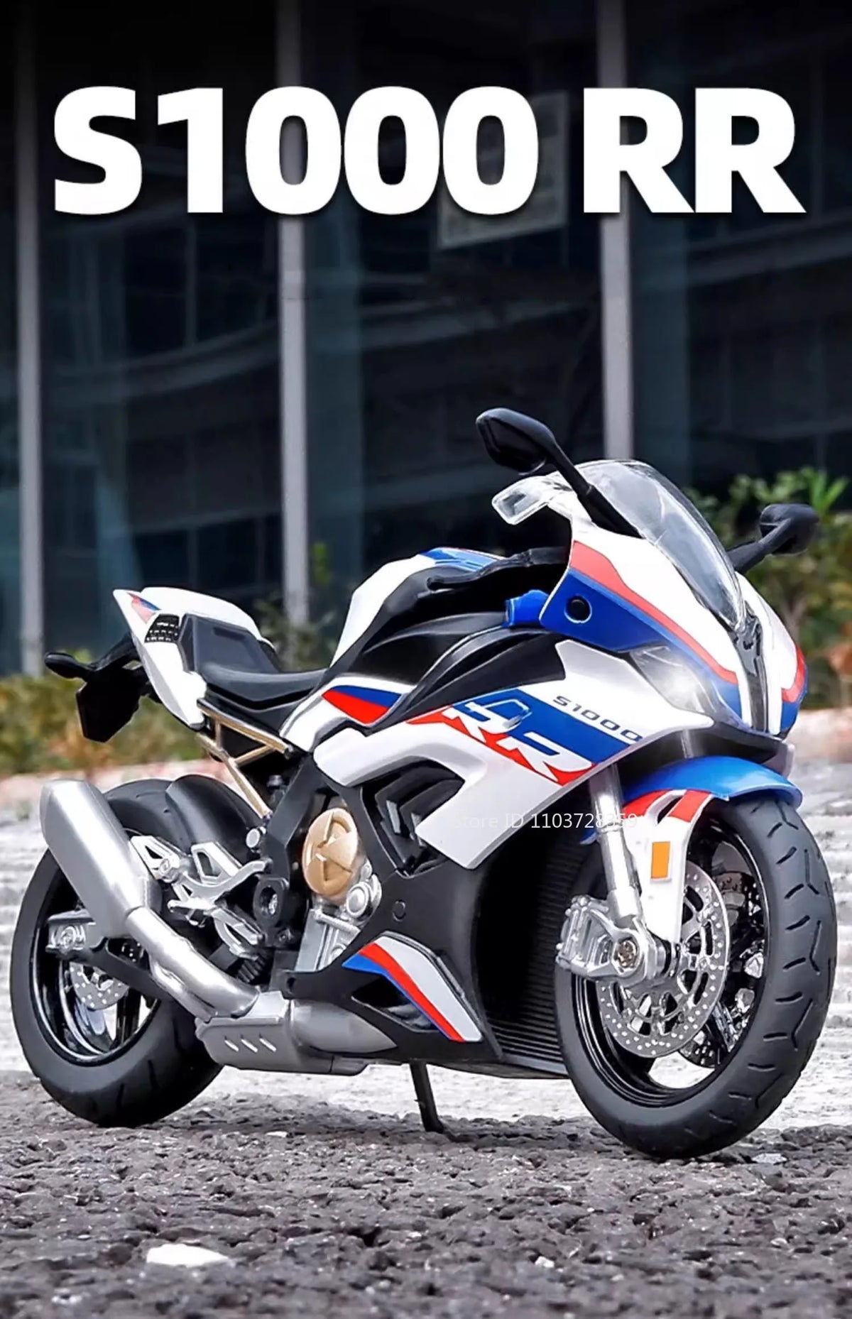 A white and blue S1000 RR die-cast model motorcycle with front steering displayed on a dark surface.