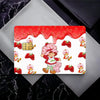A set of four cute card stickers featuring strawberries and shortcake characters on a white background with a red drip design