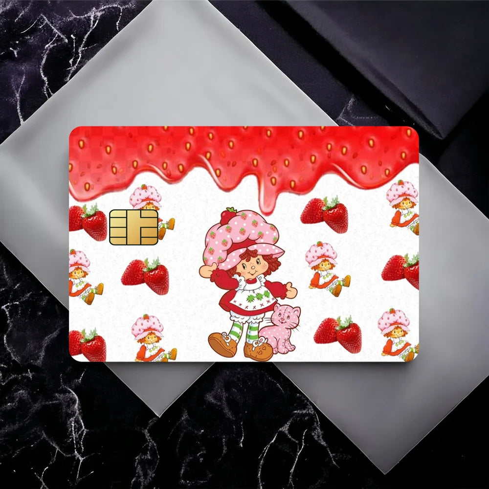 A set of four cute card stickers featuring strawberries and shortcake characters on a white background with a red drip design