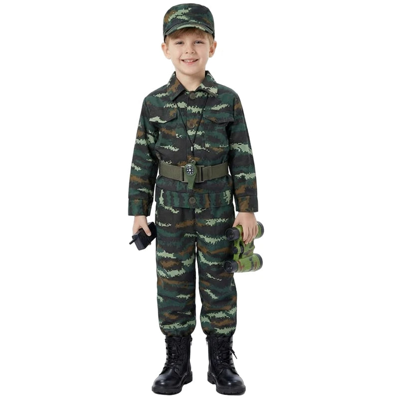 A young boy wearing a camouflage army costume set including a hat, shirt, pants, and belt.