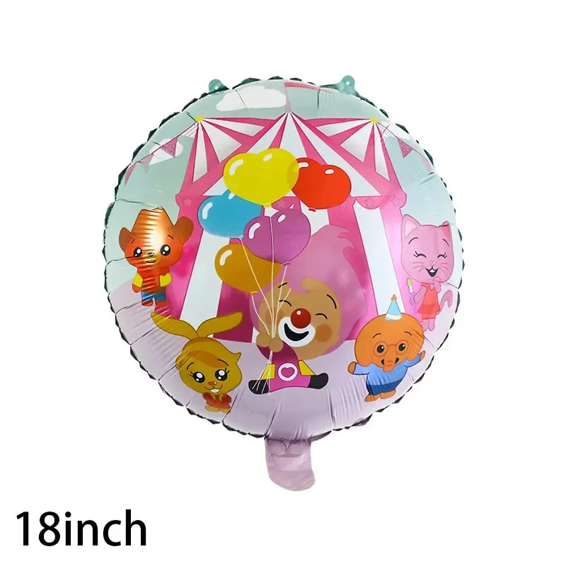 A large pink and yellow circus clown balloon decoration for a kids' birthday party.