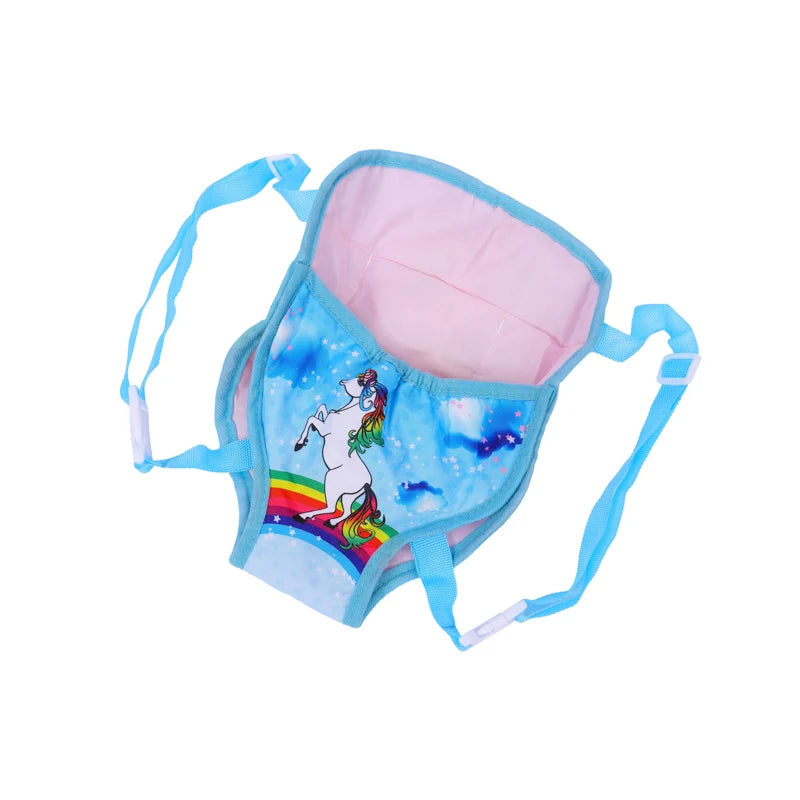A light blue mini backpack featuring a unicorn design and rainbow accents for dolls.