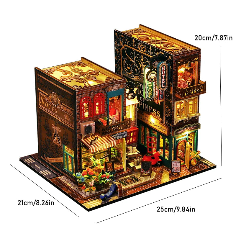 A detailed wooden miniature castle dollhouse kit featuring architecture, furniture, and illuminated details.