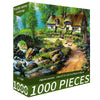 A jigsaw puzzle depicting a rustic scene with a stone bridge, lush greenery, and a house in a sunny landscape.