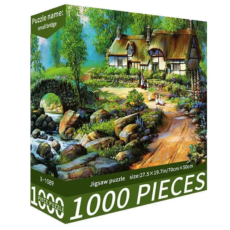 A jigsaw puzzle depicting a rustic scene with a stone bridge, lush greenery, and a house in a sunny landscape.