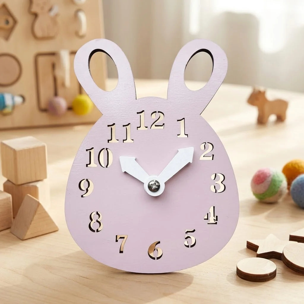 A pink wooden Montessori clock with numbers and hands resting on a light wood surface.