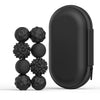 A set of black magnetic silicone sensory stress balls displayed next to a black zippered pouch.