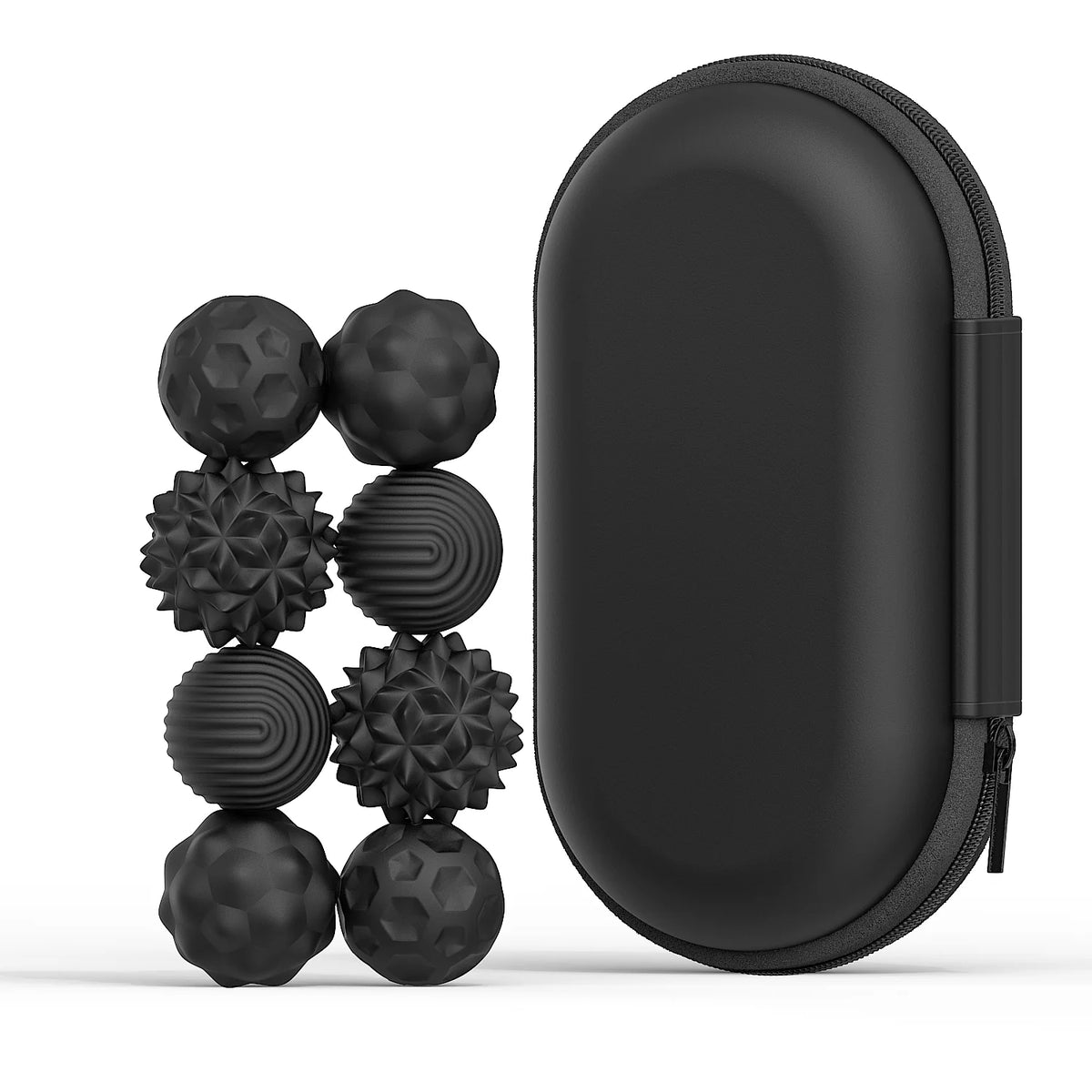 A set of black magnetic silicone sensory stress balls displayed next to a black zippered pouch.