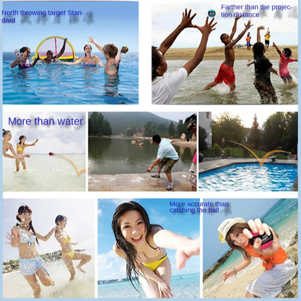 A collection of images showing people playing with a water bouncing ball in the ocean and pool.