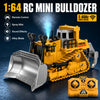 A yellow 1:64 RC mini bulldozer toy featuring a blade, sound effects, and alloy blade.