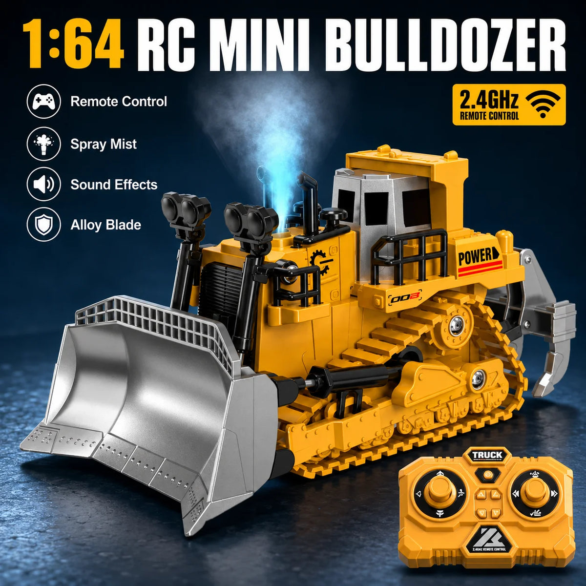 A yellow 1:64 RC mini bulldozer toy featuring a blade, sound effects, and alloy blade.