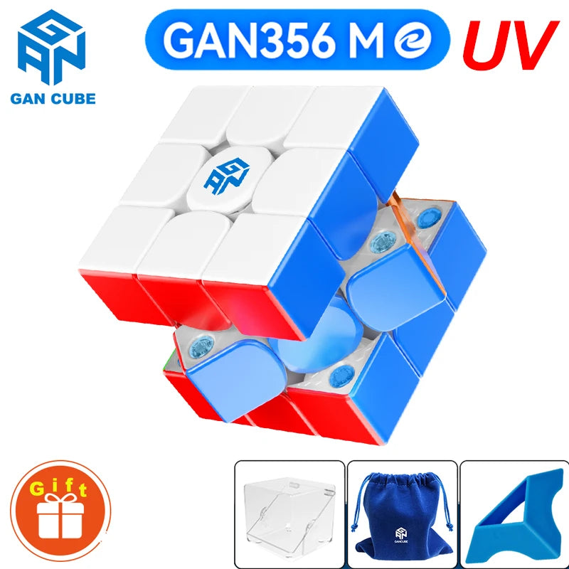 A blue and red magnetic speed cube puzzle with an AN cube logo and UV light feature.