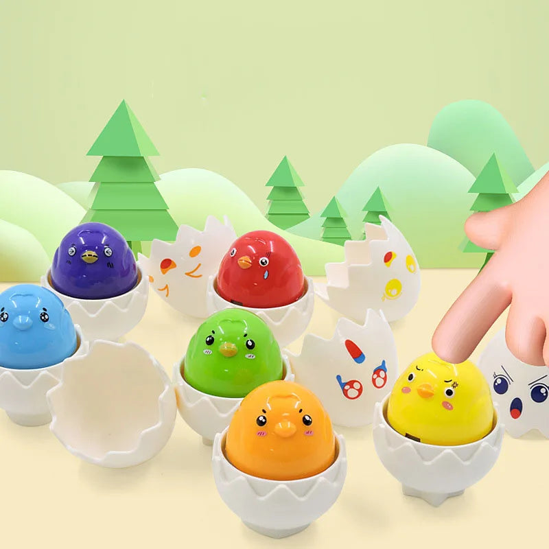 A set of colorful, egg-shaped learning puzzles for toddlers featuring various bright colors and woodland scenery.