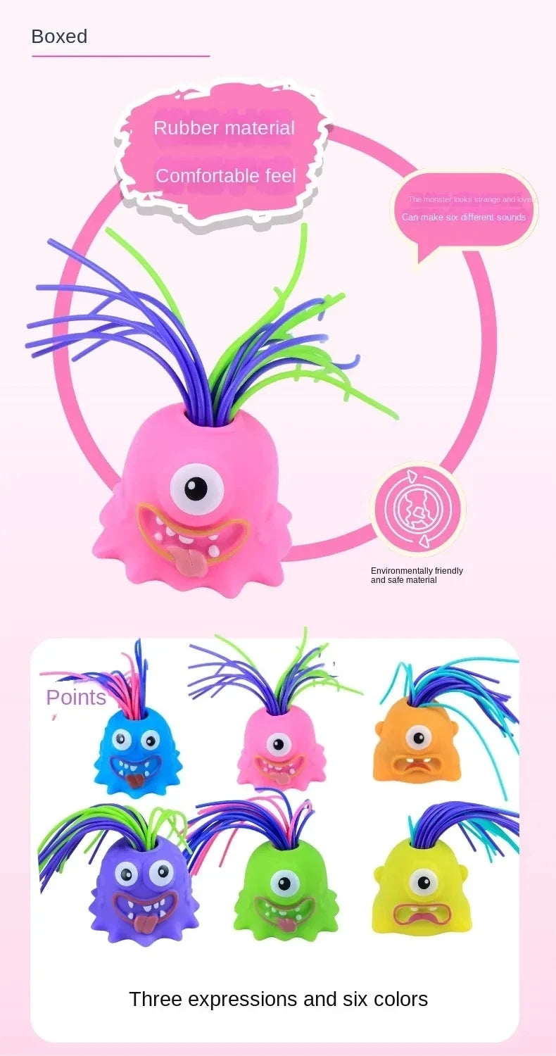A pink rubber monster stress relief toy with purple and green hair, shown alongside three expressions in six colors.