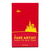A red box featuring a yellow silhouette of a city skyline and the text Fake Artist Goes to New York.
