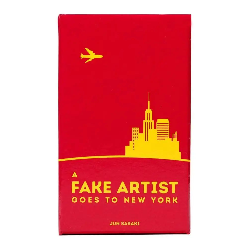 A red box featuring a yellow silhouette of a city skyline and the text Fake Artist Goes to New York.