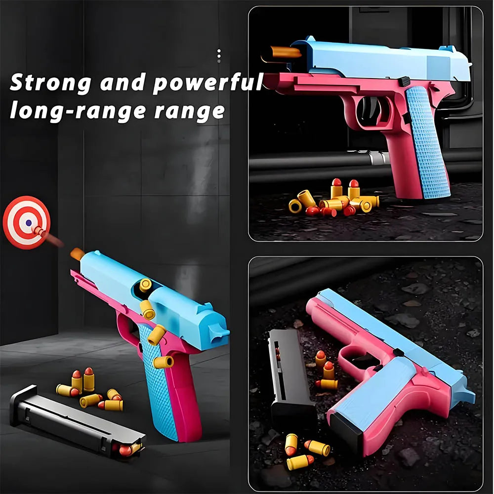 A pink and blue automatic shell-ejecting fidget pistol toy is shown with various ammunition and a target in a dark setting.