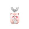 A pink panda-shaped electric toothbrush with a silver U-shaped head and timer features on the handle.
